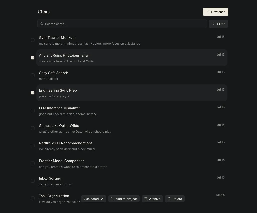 The Chats view listing conversations with previews, two selected, and quick actions to add to a project, archive, or delete