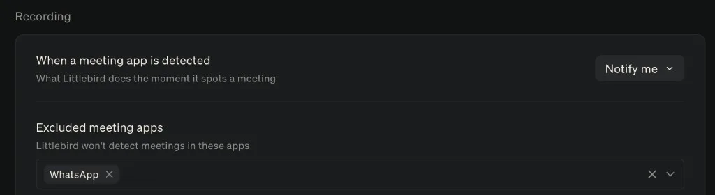 The Recording settings, with WhatsApp added to the list of apps excluded from automatic meeting detection