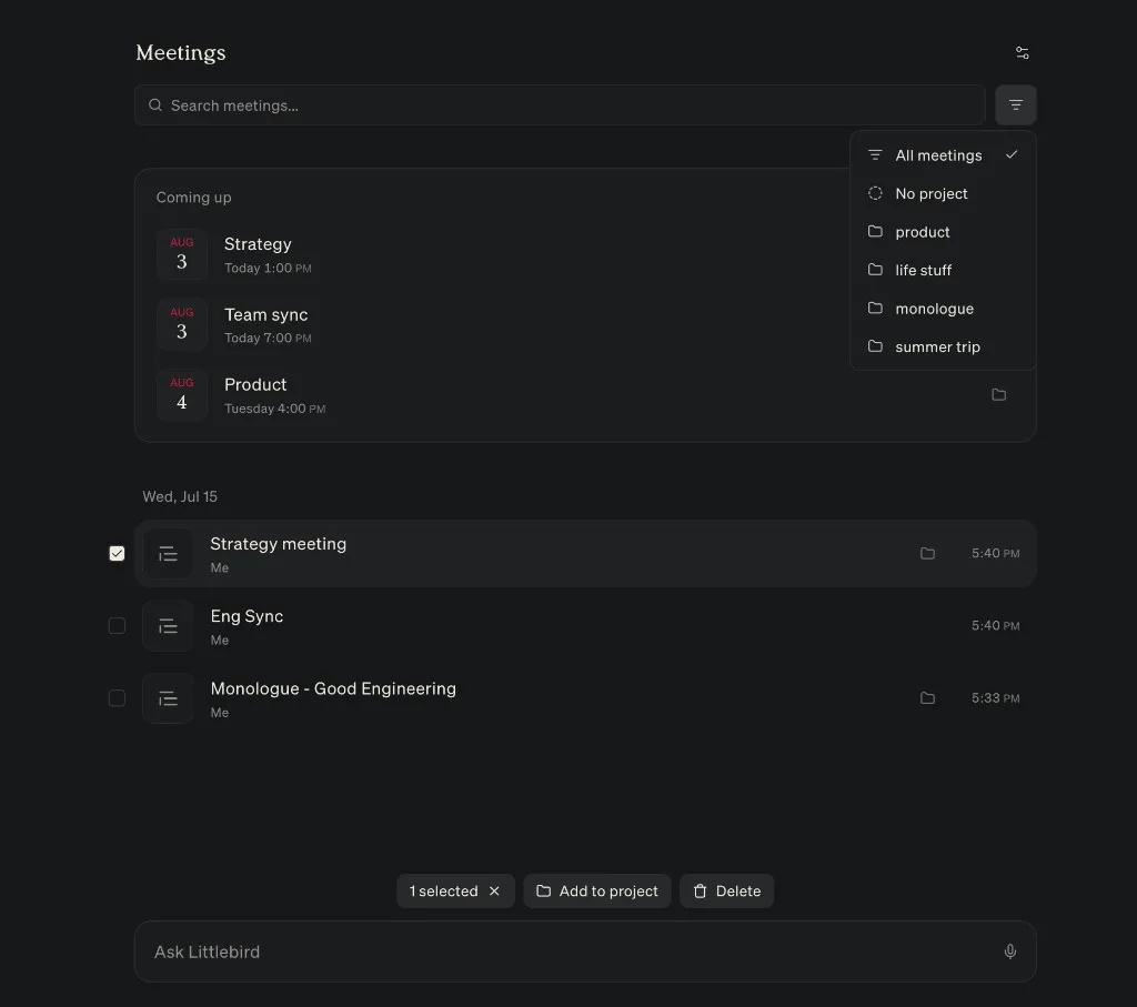 The Meetings list with its filter menu open to show project options, and a meeting selected for adding to a project