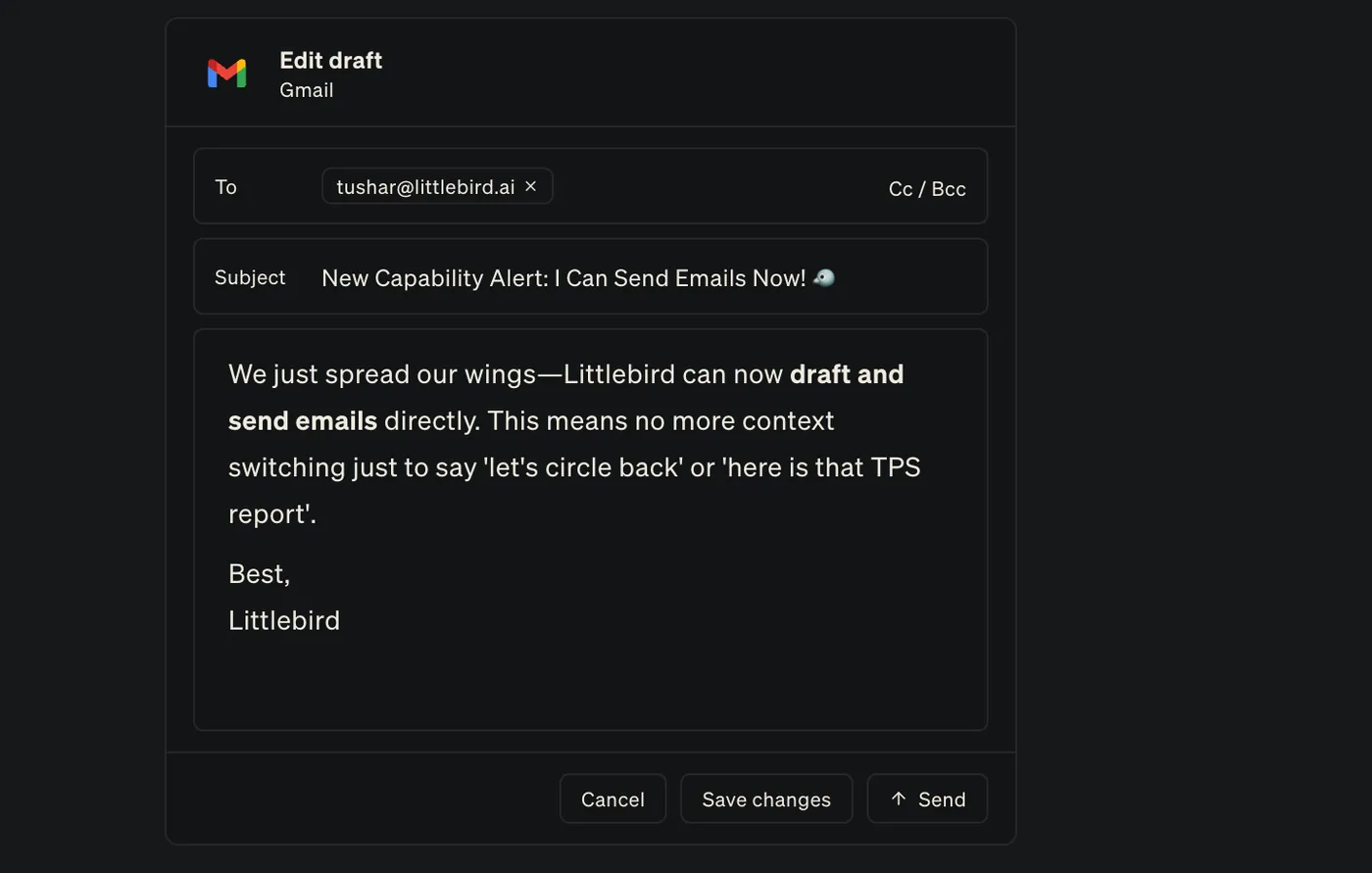 The send card open over a chat, with a drafted email ready to review, format, and send